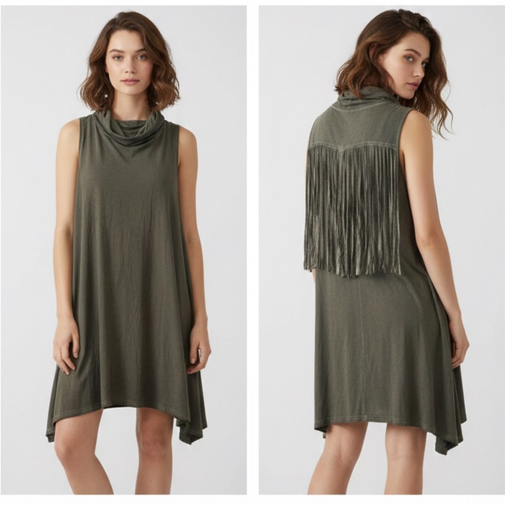 NWT POL Olive Green Cowl Neck Fringe Back Mini Dress S